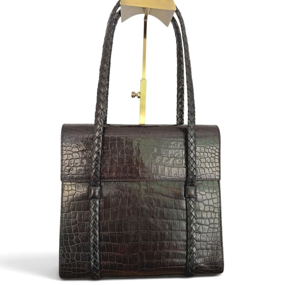 Bally Vintage Brown Croc Embossed Leather Braided Shoulder Bag